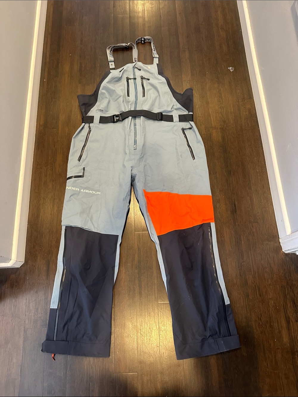 Under Armour Light Gray and Black Bib Snow Pants with Orange Panel